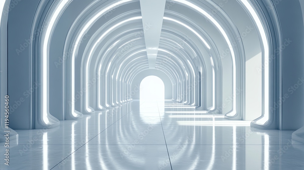 Fototapeta premium Futuristic corridor, bright light, vanishing point, archway, reflection