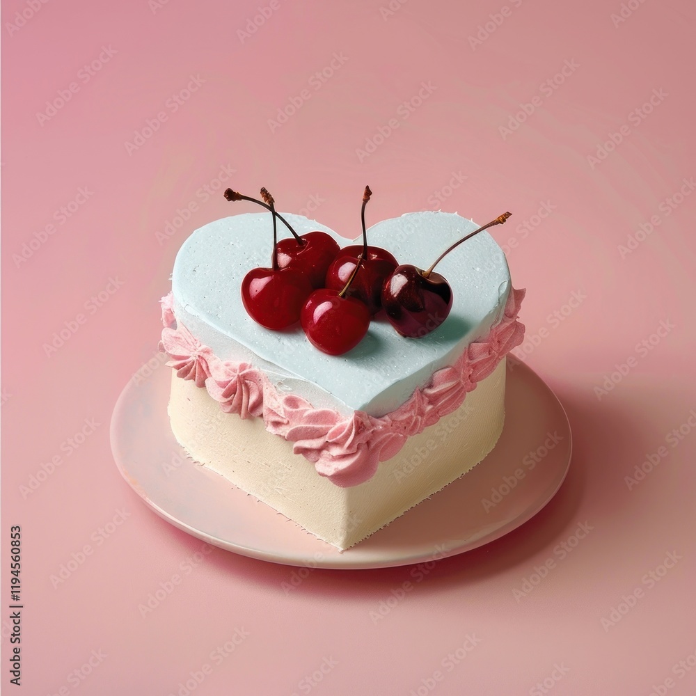 Heart shaped cake with cherries on top dessert produce cream. Heart shaped cake with cherries on top dessert produce cream.