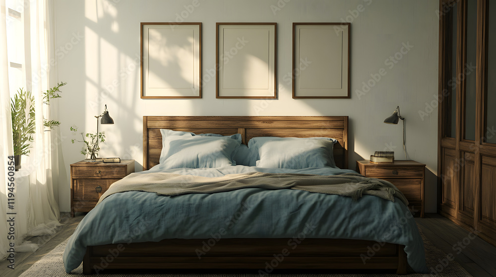 Fototapeta premium Bedroom with natural light, simple decor, and framed art on the walls.