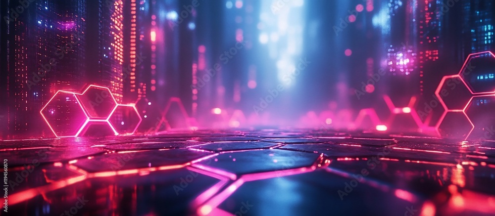 Obraz premium Neon Cityscape: Futuristic Hexagon Pathway