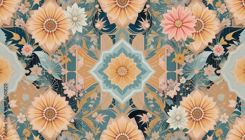 Whimsical Art Deco Geometric and Floral Pastel Wallpaper Generative AI