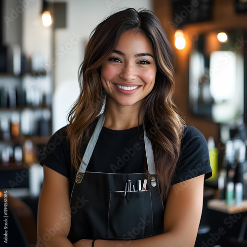A confident female hairdresser smiling at the camera while standing in a well-lit salon, wearing a black apron, with scissors and hair products neatly displayed around her
