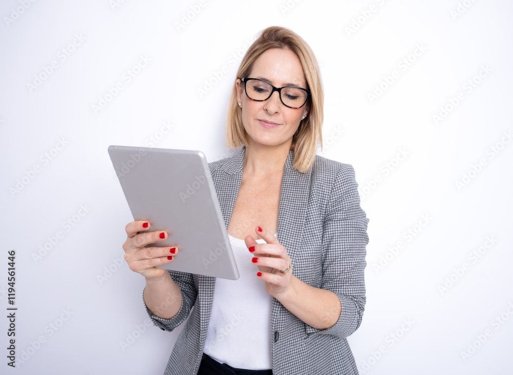 Portrait of a young businesswoman using a tablet isolated on white background. Portrait of a young businesswoman using a tablet isolated on white background.