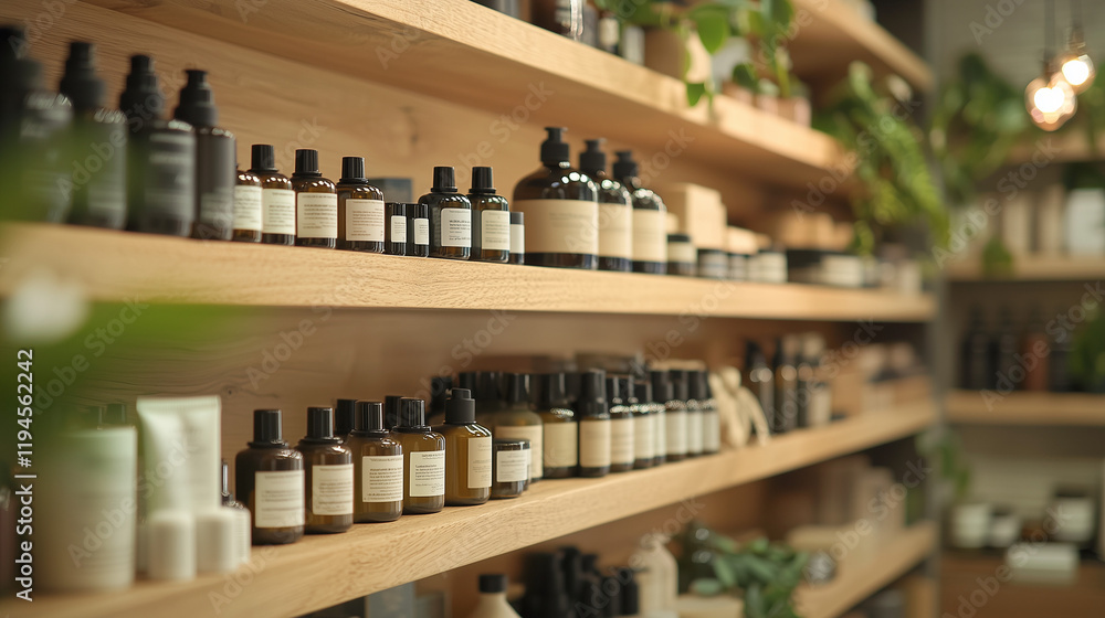 Obraz premium A luxurious spa interior with handmade organic beauty products like scrubs, oils, and lotions, arranged on wooden shelves, creating a serene and natural ambiance.