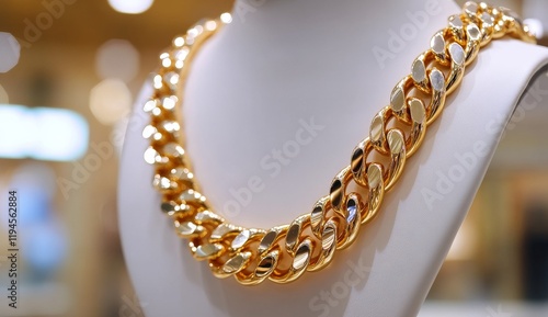 Gold curb chain necklace on display. photo