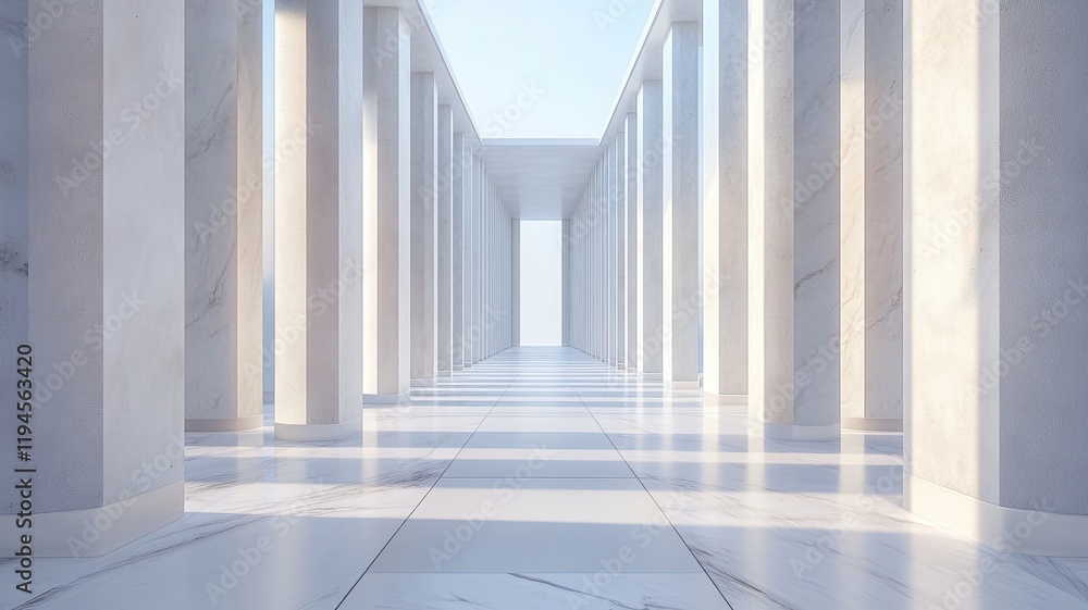 Fototapeta premium Marble columns, bright hallway, sunlit, serene, backdrop