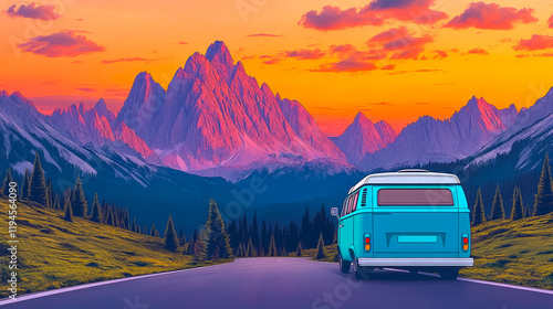 Camping road trip adventure with a vintage van against stunning mountain peaks during a vibrant sunset