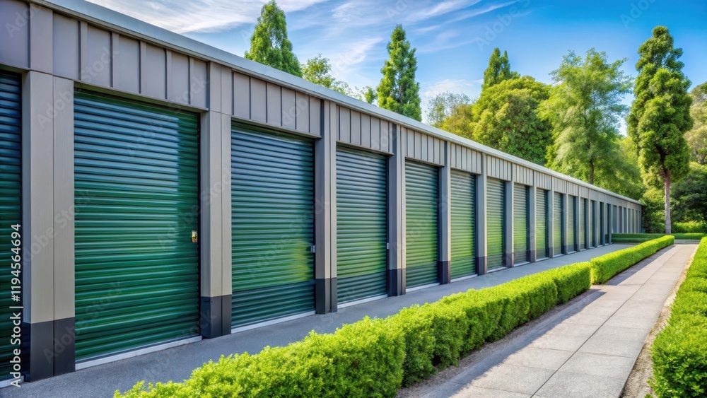 Modern self storage facility with rows of closed doors on metal frames, surrounded by lush greenery and sleek architecture , sustainable-environment, security-system Modern self storage facility with rows of closed doors on metal frames, surrounded by lush greenery and sleek architecture , sustainable-environment, security-system