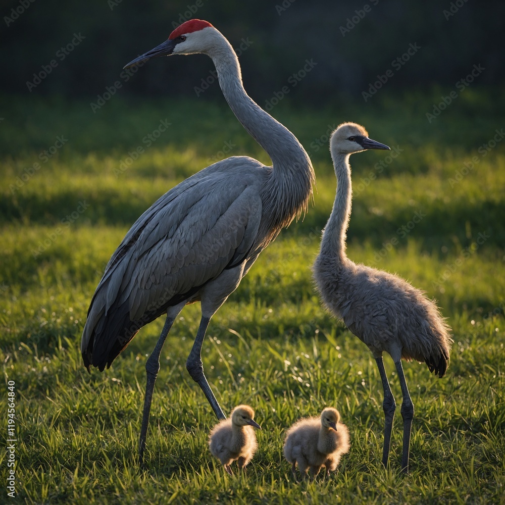 Obraz premium A mother crane with her chick by her side.