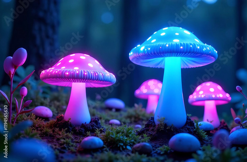 Glowing magic mushrooms close-up in a beautiful fairy forest. Fantasy.