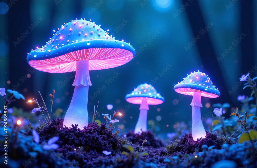 Fototapeta premium Glowing magic mushrooms close-up in a beautiful fairy forest. Fantasy.