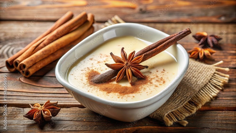 A single vanilla flower pod is placed in a shallow dish, filled with a creamy milk mixture, with a sprinkle of cinnamon and other warming spices around it , milk, vanilla flower A single vanilla flower pod is placed in a shallow dish, filled with a creamy milk mixture, with a sprinkle of cinnamon and other warming spices around it , milk, vanilla flower