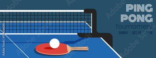 Ping-pong design template for table tennis tournament. Ping pong cover with gambling table with net, racket and ball. Copy space. Modern vector background.
