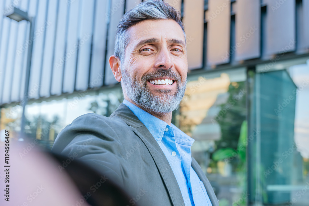 Confident Businessman Smiling Outdoors in Urban Setting Confident Businessman Smiling Outdoors in Urban Setting