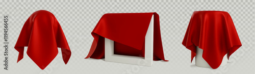 Objects covered with red silk cloth set isolated on transparent background. Vector realistic illustration of 3d frame and stage under satin drape, hidden surprise, award ceremony, presentation unveil