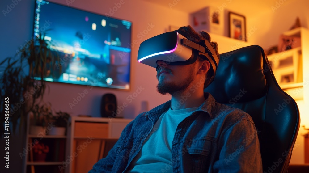 A gamer immersed in a virtual reality gaming session at home, Digital escapism scene, Futuristic style A gamer immersed in a virtual reality gaming session at home, Digital escapism scene, Futuristic style