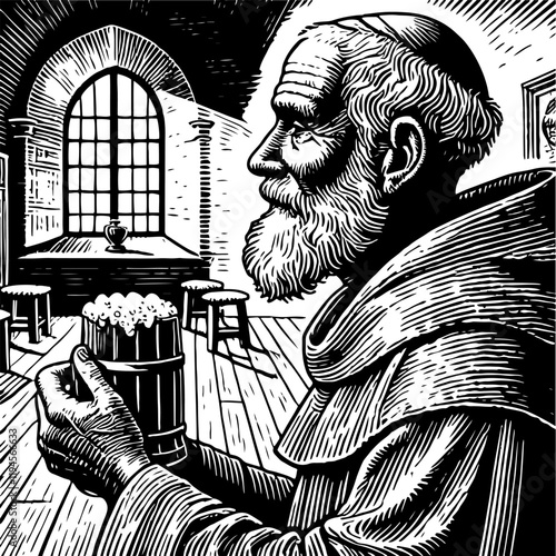 In the cool, dimly lit wine cellar, an old monk holds a mug of beer. A Medieval Monk Enjoying a Pint