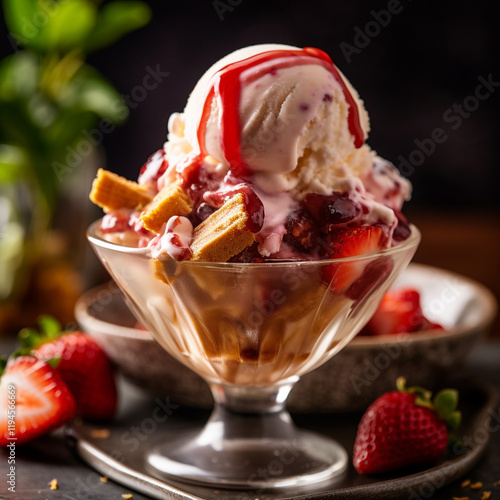 A refreshing sorbet served in a fancy glass bowl, garnished with mint leaves and berries.efreshing sorbet served in a fancy glass bowl, garnished with mint leaves and berries
 photo