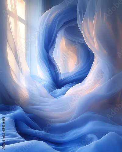 Blue fabric swirls in sunlight by window.