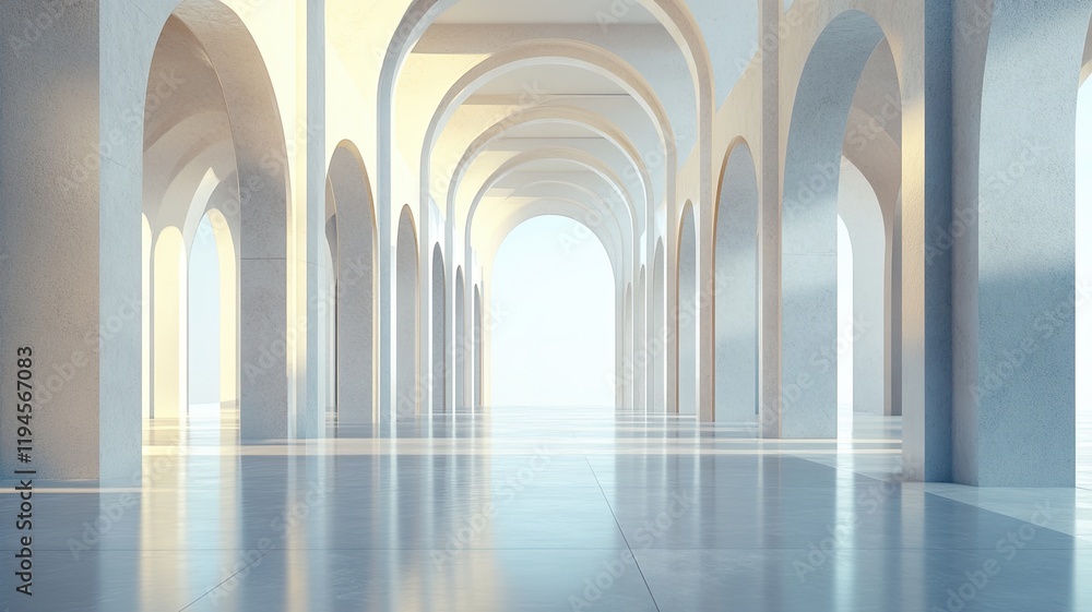 Sunlit arched hallway, bright interior, ocean view, architectural design Sunlit arched hallway, bright interior, ocean view, architectural design