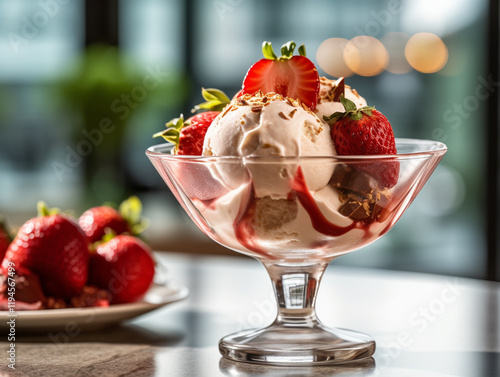 Strawberry Milkshake with Whipped Cream and Fresh Strawberries efreshing sorbet served in a fancy glass bowl, garnished with mint leaves and berries
 photo