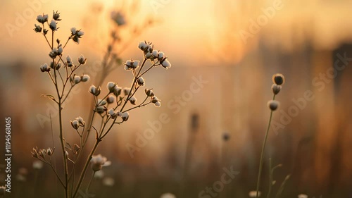 Delicate wildflowers swaying gently in the golden light of sunset over a tranquil landscape