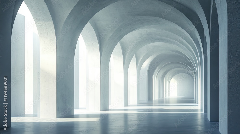 Sunlit arched hallway, interior design, architecture Sunlit arched hallway, interior design, architecture