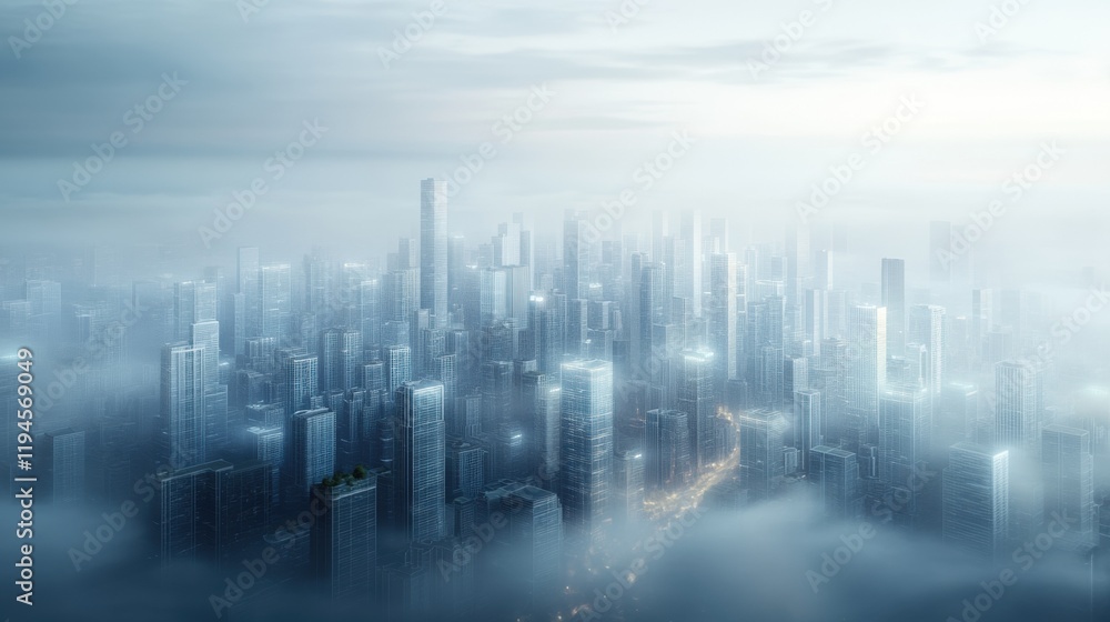 Futuristic metropolis shrouded in mist under a cloudy sky Futuristic metropolis shrouded in mist under a cloudy sky