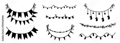 Hand drawn bunting garland pennant set doodle in monochrome minimalistic style. Party decoration design isolated on white