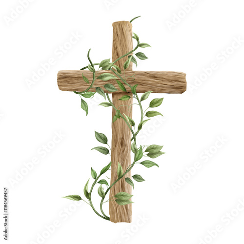 Wooden Easter cross entwined with ivy branches. Watercolor digital illustration. Christian cross and creeping delicate plant isolated on white background. Easter theme, Holy Spirit and religion