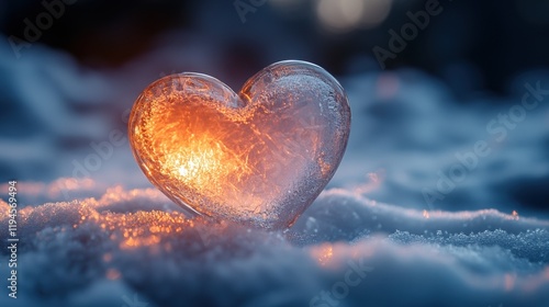 Glowing heart shaped ice sculpture on snowy ground at sunset