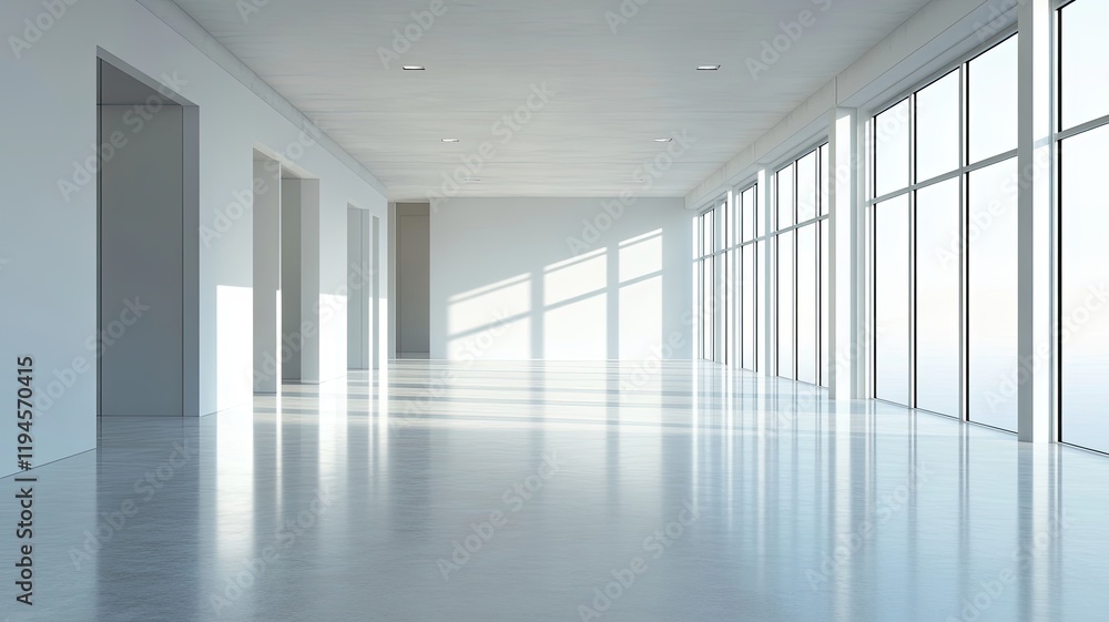 Fototapeta premium Sunlit empty office, panoramic view, city skyline