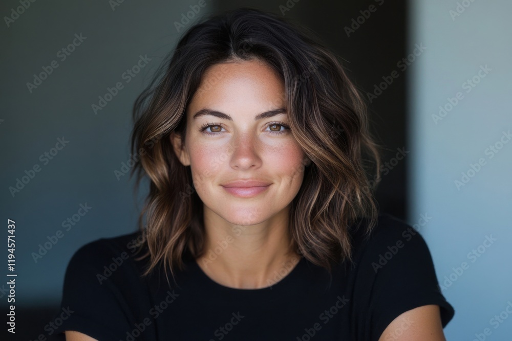 Portrait of smiling young woman with brown wavy hair and dimples Portrait of smiling young woman with brown wavy hair and dimples