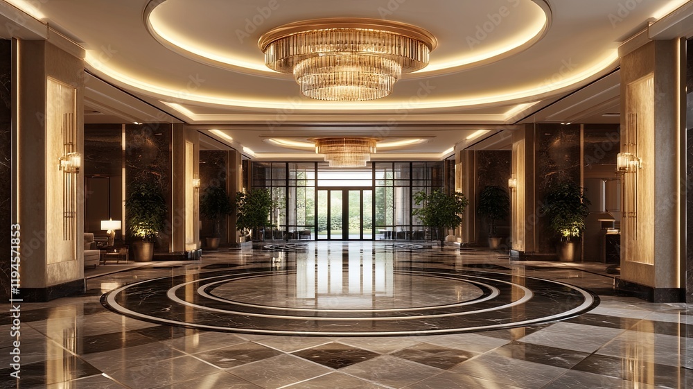 Luxurious hotel lobby entrance, garden view Luxurious hotel lobby entrance, garden view