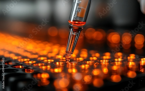 Pipette dispensing liquid into microplate wells.