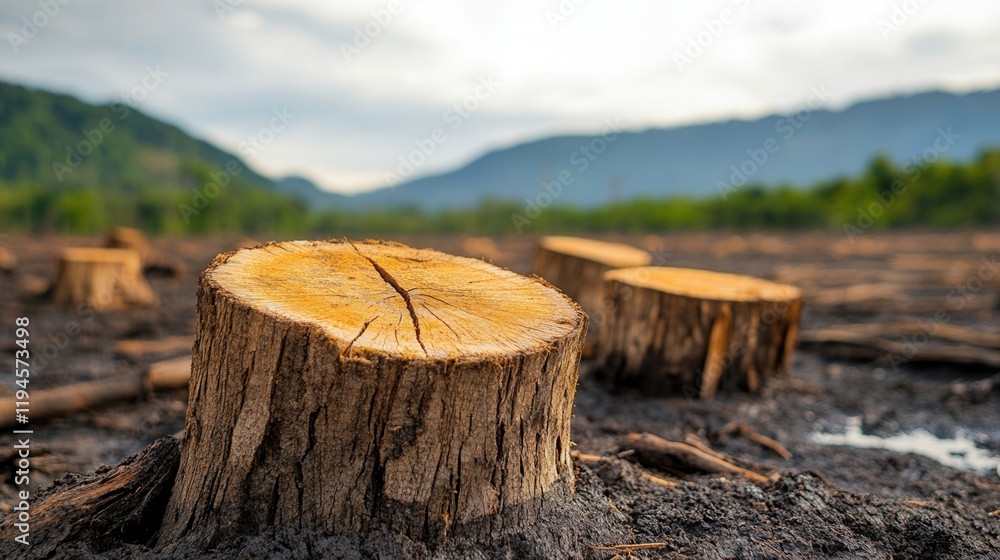 Tree stumps in a deforested area landscape Tree stumps in a deforested area landscape