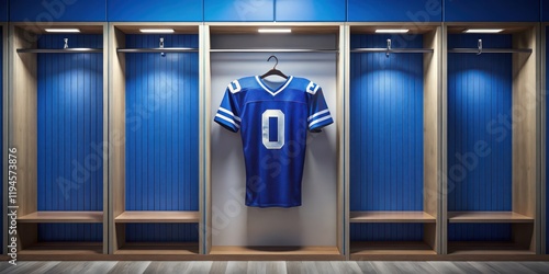 Football jersey hanging on blue wall in locker room with team logo and player number, athletic gear