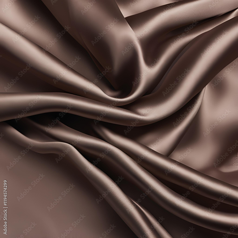Fototapeta premium A close-up of smooth brown satin fabric with gentle, flowing folds, emphasizing its rich texture and luxurious sheen.