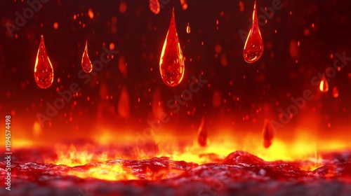 Flying red drops over molten lava with abstract visuals for banners.