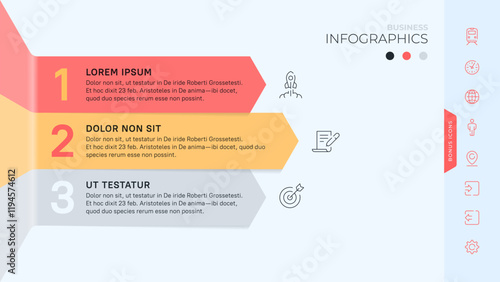 Three stages or three options. Vector business infographic template with icons and palette. All the elements are laid out in layers