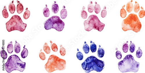 Set of watercolor dog paw prints in clip art style, white background