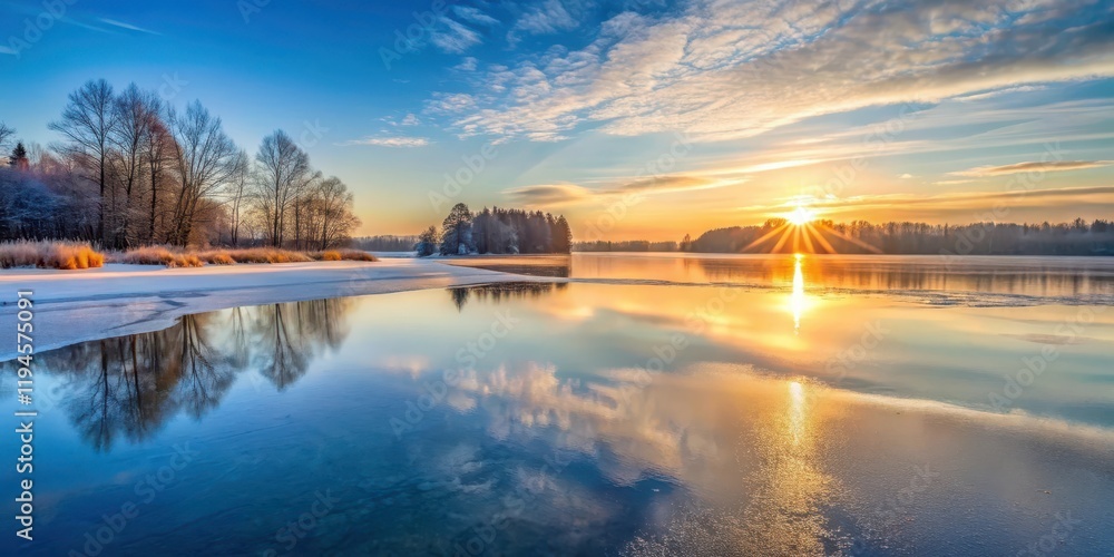 Fototapeta premium Frozen lake landscape at sunrise, serene scene, winter landscape