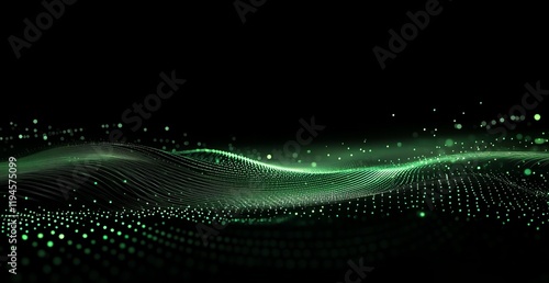Abstract green wave particle flow on black background.