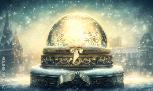 Glowing snow globe on ornate base, winter scene.