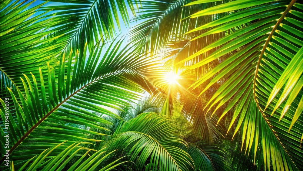 Obraz premium Summer sun shining through green palm tree leaves, warm sunlight filtering through palm fronds, lush greenery