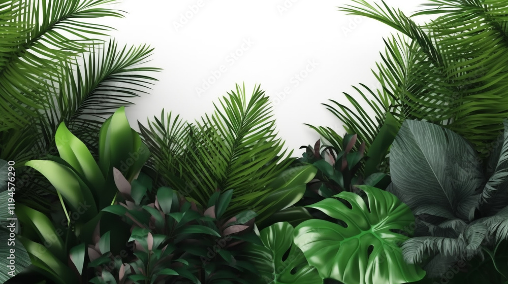 Tropical leaves bushes, monstera and palm leaves, transparent cutout 
tropical plants foliage bush copy space for text, jungle plant leaves isolated on a white background, monster leaf
