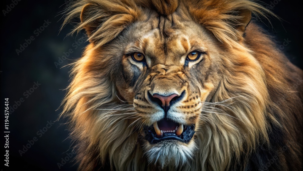 Naklejka premium Fierce lion's face with intense stare and sharp teeth bared in a fierce growl