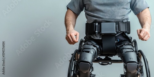 A person in a wheelchair wearing an exoskeleton, showcasing advancements in mobility technology and rehabilitation.