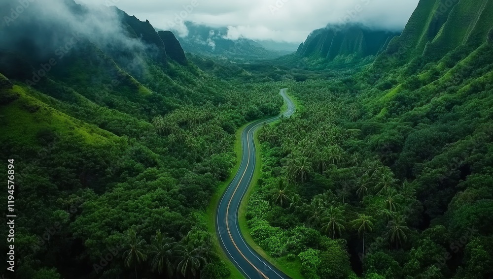 Scenic winding road through lush green valley. Scenic winding road through lush green valley.
