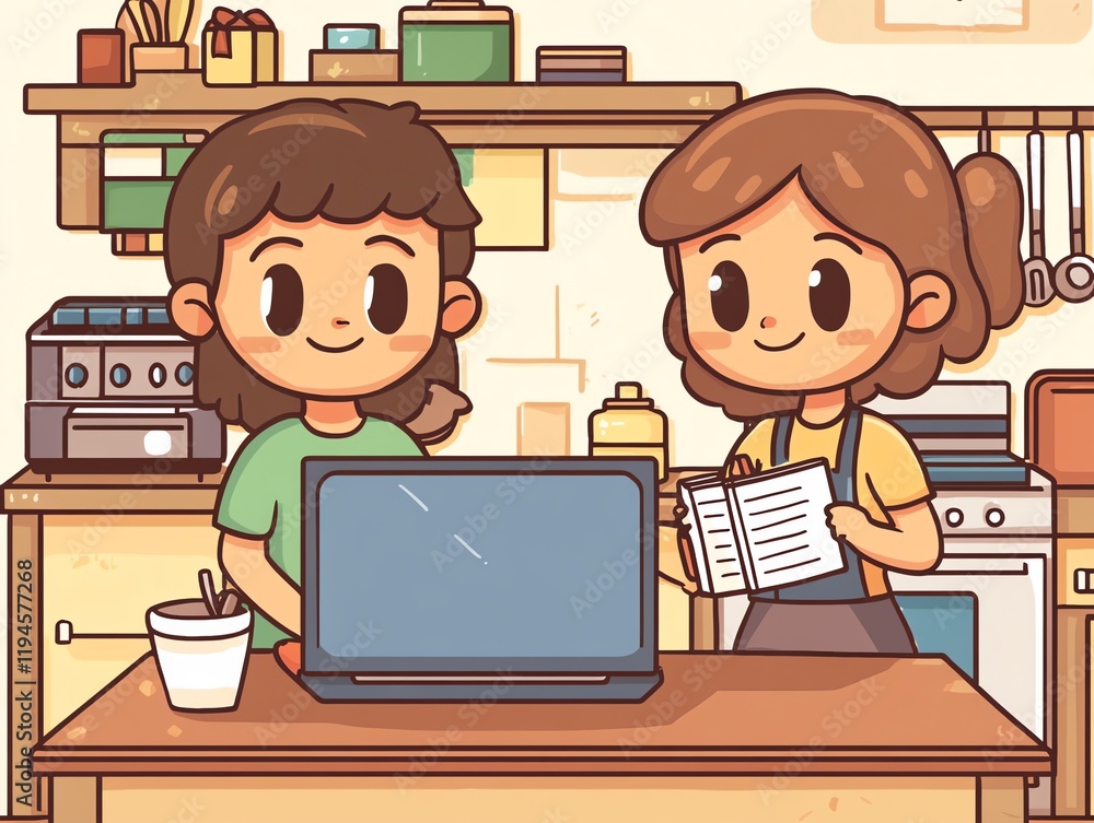Two characters in a cozy kitchen, one using a laptop and the other reading a notebook.